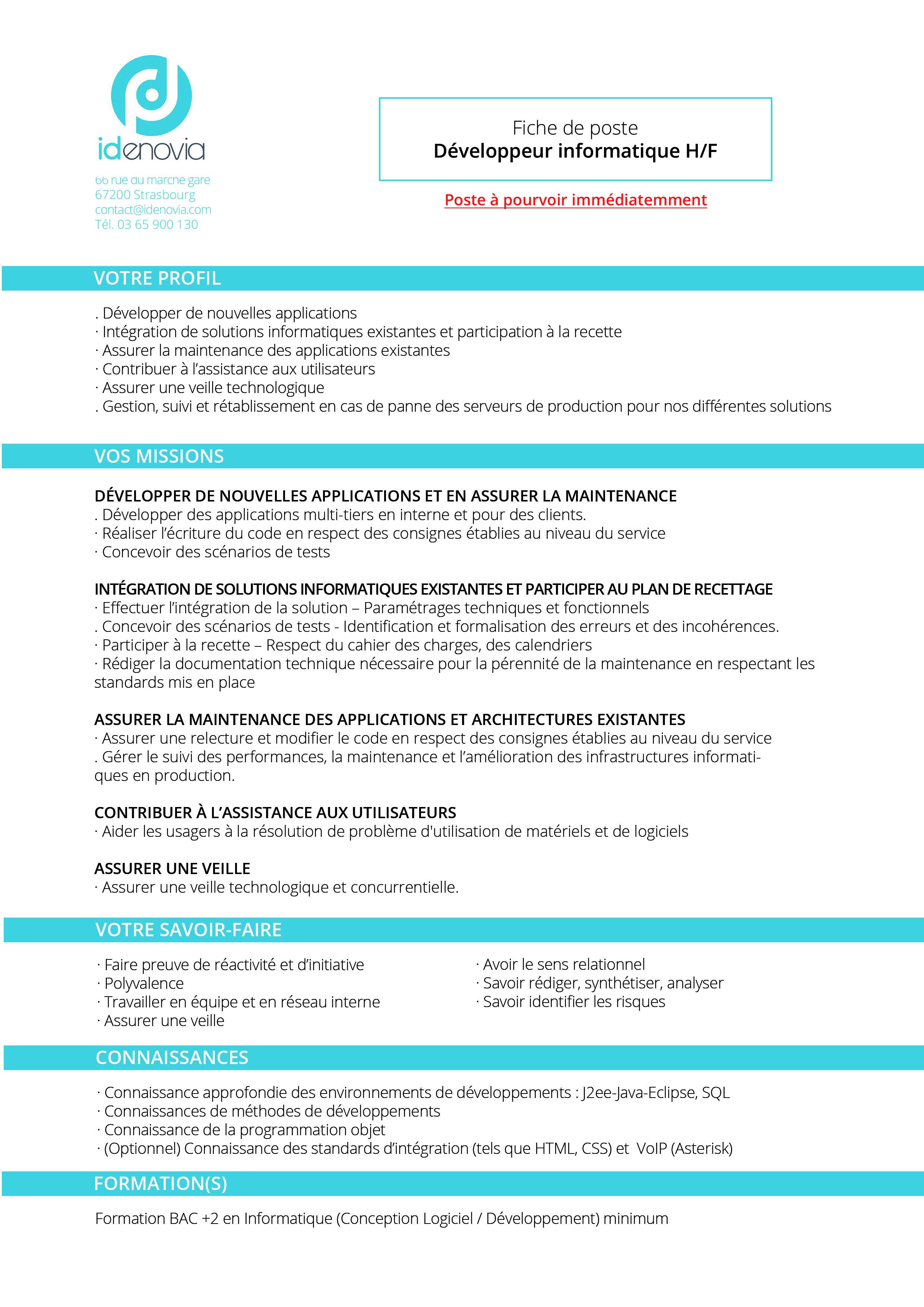 Fiche de poste - Développeur informatique H/F Idenovia